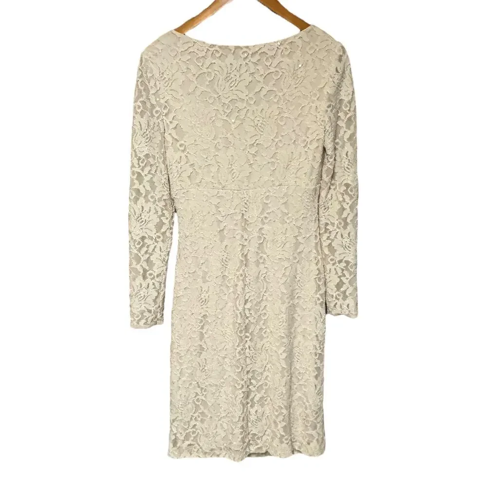 Lauren Ralph Lauren V-Neck Lace Long Sleeve Dress Cream 6